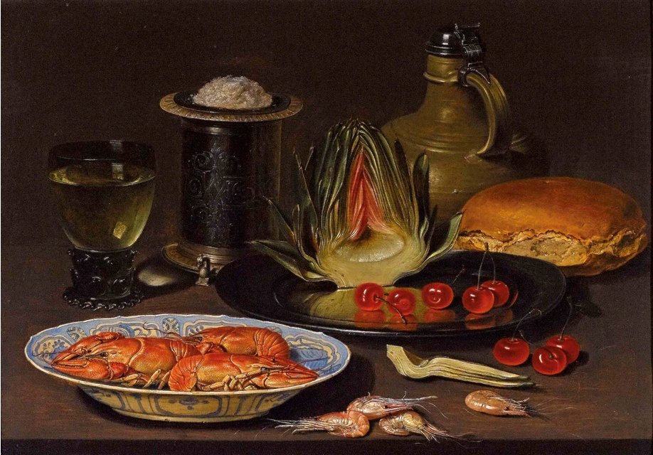 Clara_Peeters._Bodegon_con_alcachofa,_cangrejos_y_cerezas,_c.1618._Oil_on_board